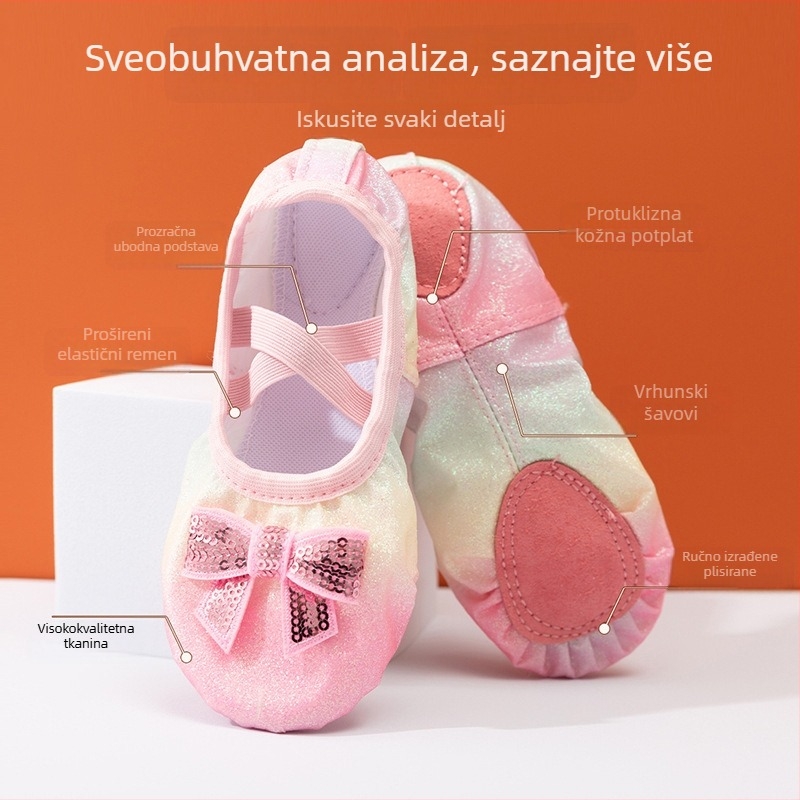 Dječje plesne cipele sa šljokicama — gradijent boja u dužemu spektru, bez vezica, mek potplat baletne cipele za djevojčice