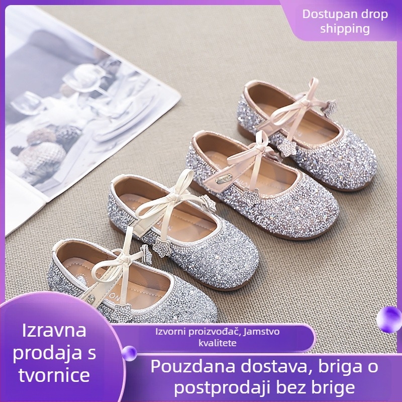 Dječje cipele princeze sa cirkonima i mašnicom – gornji dio PU, Velcro zatvaranje, niski vrh, gumeni potplat, ulošak od umjetne kože