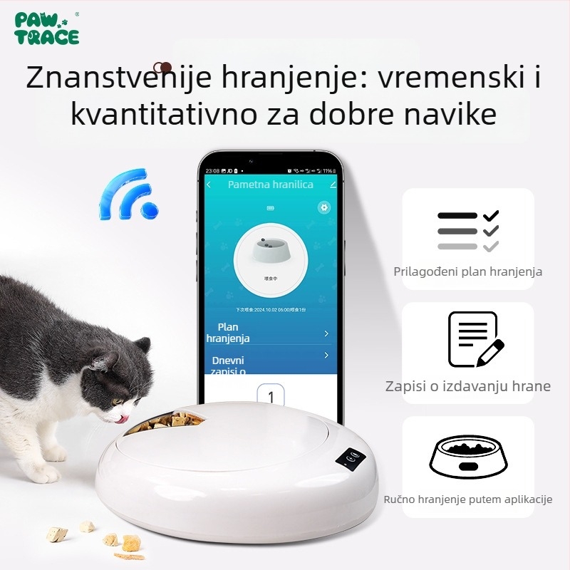 PawTrace pametna automatska hranilica za mačke i pse s upravljanjem putem aplikacije, vremensko hranjenje, kompatibilna s mokrom hranom