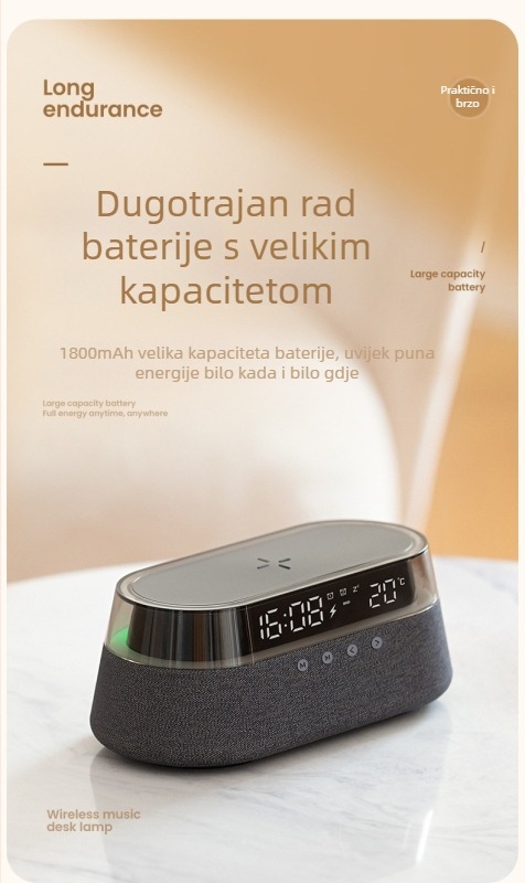 Bežični Bluetooth zvučnik s budilicom i rasvjetom – stereo, 2 zvučnika, Bluetooth 5.0, 10W, 100Hz-20kHz, SNR ≥70dB, ugrađena baterija 1000–1200mAh