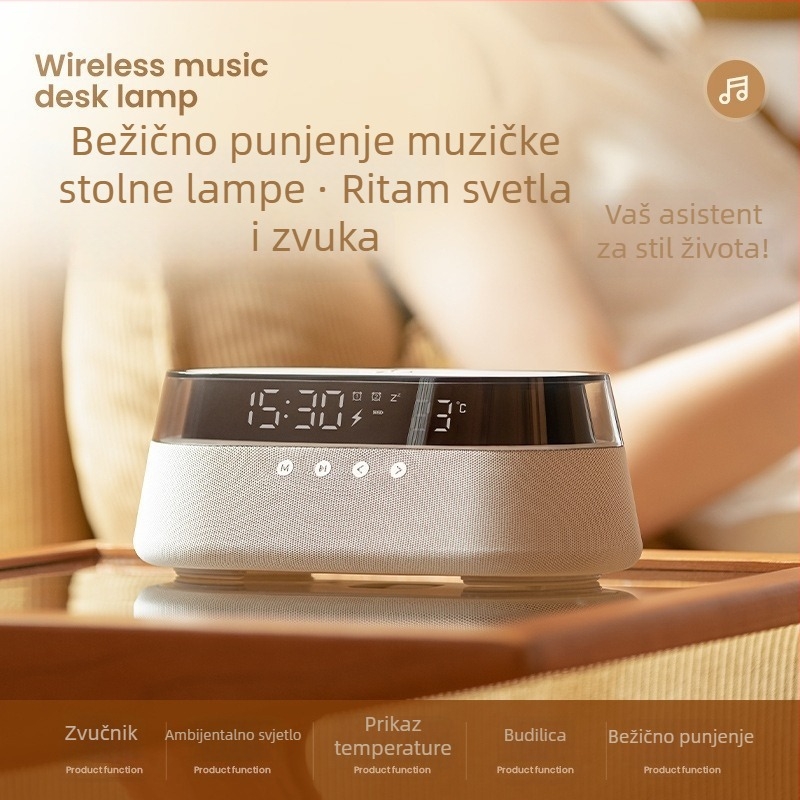 Bežični Bluetooth zvučnik s budilicom i rasvjetom – stereo, 2 zvučnika, Bluetooth 5.0, 10W, 100Hz-20kHz, SNR ≥70dB, ugrađena baterija 1000–1200mAh