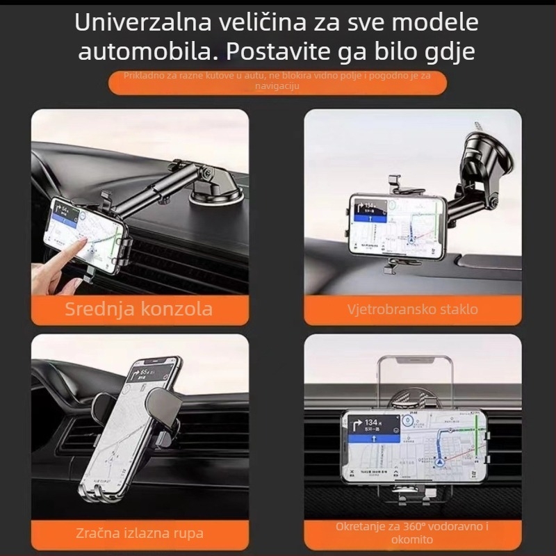Držač za mobitel u automobilu s vakuumskim nosačem, teleskopsko podešavanje, univerzalna prilagodba za ploču, središnju konzolu ili otvor za zrak, stabilan protiv podrhtavanja