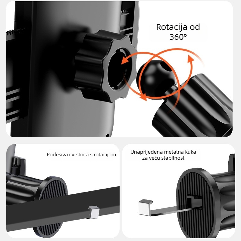 Univerzalni držač za telefon za automobil s montažom na ventilacijsku rešetku, 360° rotacija, teleskopska šipka, instalacija klipom, podrška navigaciji