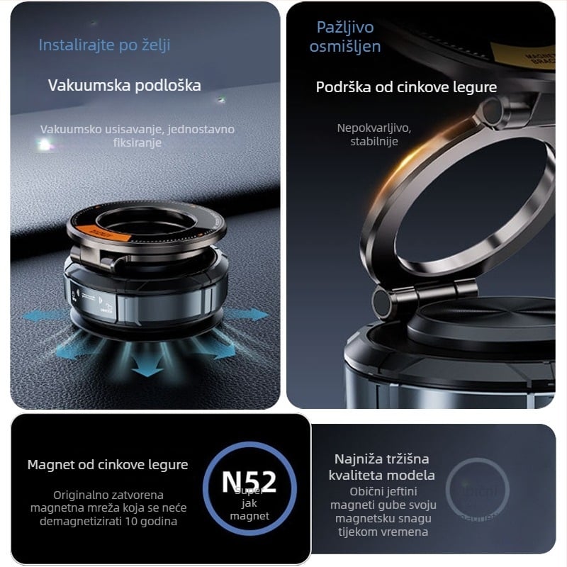 Auto magnetski držač za telefon s rotacijom od 360°, vakuumska prislanja, kompatibilan s prednjim staklom, magnetski držač, bežično punjenje