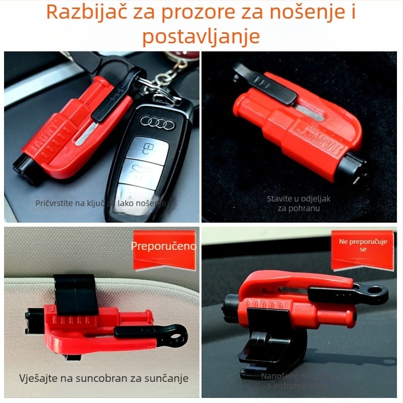 Auto čekić za razbijanje stakla – sigurnosni višenamjenski alat | Marka: Mairichi | Materijal: ABS + volfram čelik | Težina: 0,19 kg | Višenamjenski sigurnosni čekić