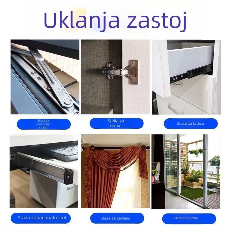 Lubrikant za vrata – protiv šuštanja i korozije; aktivator za površine; glavne sastojke: aktivator; rok trajanja: 3 godine; brend: Happy on the way