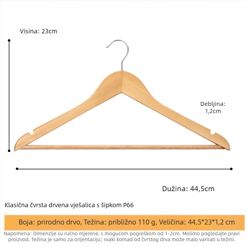 Držač za odjeću od masivnog drveta s plosnatim kukom, žljebljena protuklizna traka, dvostrani nabori, bez ogrebotina – Model CJWMC23
