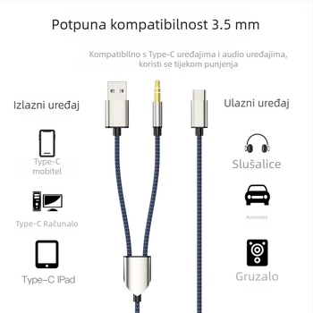 Neutral Type-C audio kabel za punjenje, USB + 3,5 mm automobilski AUX, jezgra: tin-plated bakar, vodič: bez kisika bakar, nikl premaz