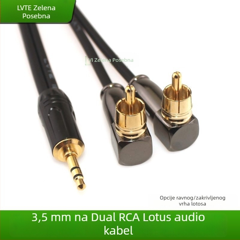 Audio kabel 3,5 mm na 2x RCA, zakrivljeni konektor, zlatni, OFC bakar, Green Special T3030l