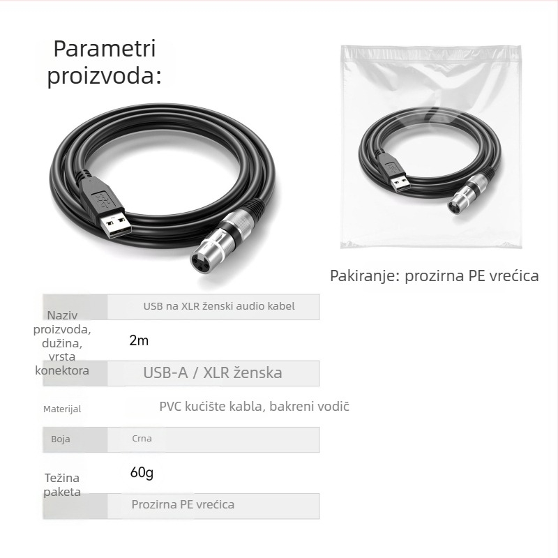 XLR na USB audio kabel – 2 m, bakreni vodovi, niklani priključci, XLR-USB sučelje, ROHS certificirano