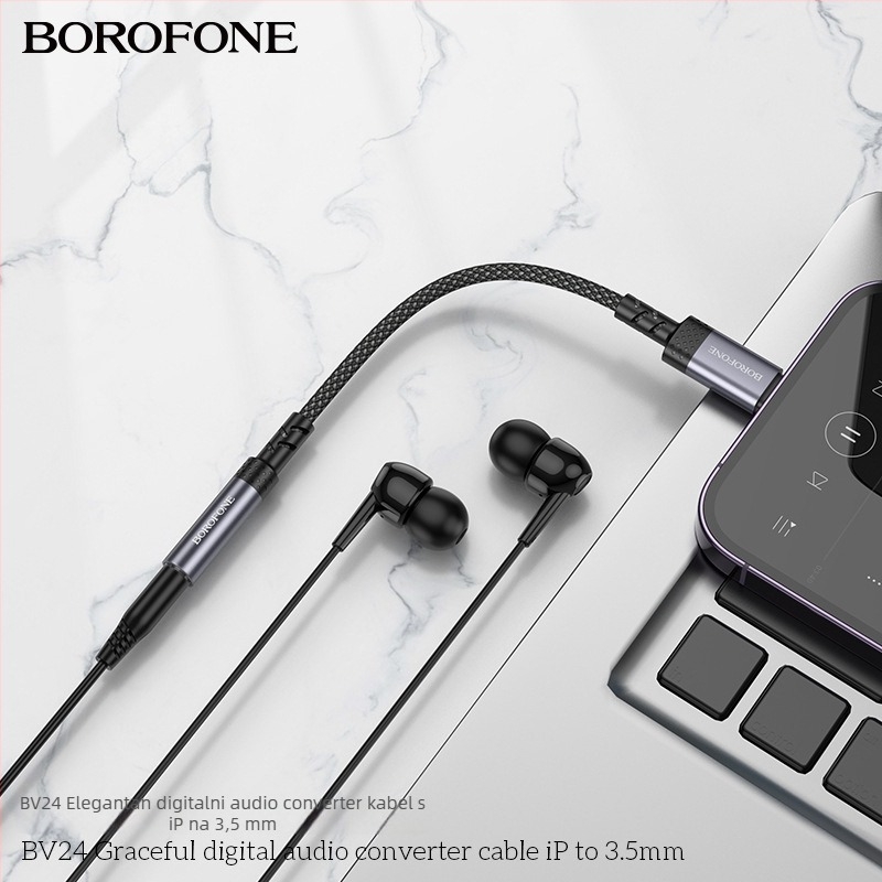 BOROFONE BV24 iP to 3,5 mm audio kabel, zlatne kontakte, bakrena jezgra s tinovanom premazom, TPE izolacija, RoHS potvrda
