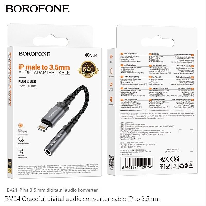 BOROFONE BV24 iP to 3,5 mm audio kabel, zlatne kontakte, bakrena jezgra s tinovanom premazom, TPE izolacija, RoHS potvrda