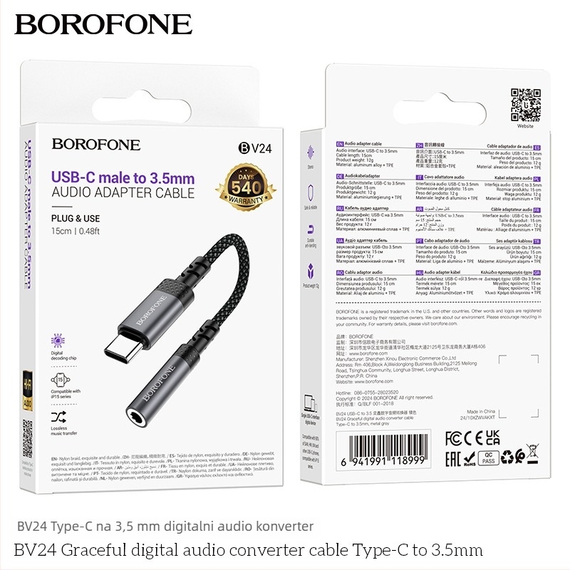 BOROFONE BV24 iP to 3,5 mm audio kabel, zlatne kontakte, bakrena jezgra s tinovanom premazom, TPE izolacija, RoHS potvrda