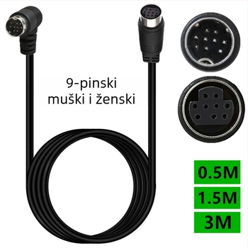 Adapter kabel s 90° zavojem, 9‑pin mini‑DIN muški/ženski, S‑Video zvuk/video, 9‑jezgreni bakreni vod, model YR-SV9-B1