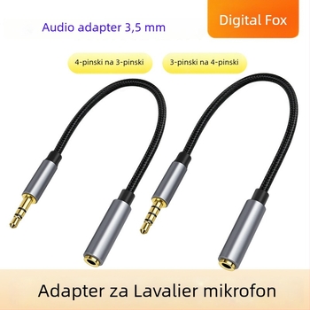 Digital Fox kabel za mikrofon s klipom na ovratnik, 3,5 mm 4-polni na 3-polni, najlonsko jezgro, bakreni vodiči