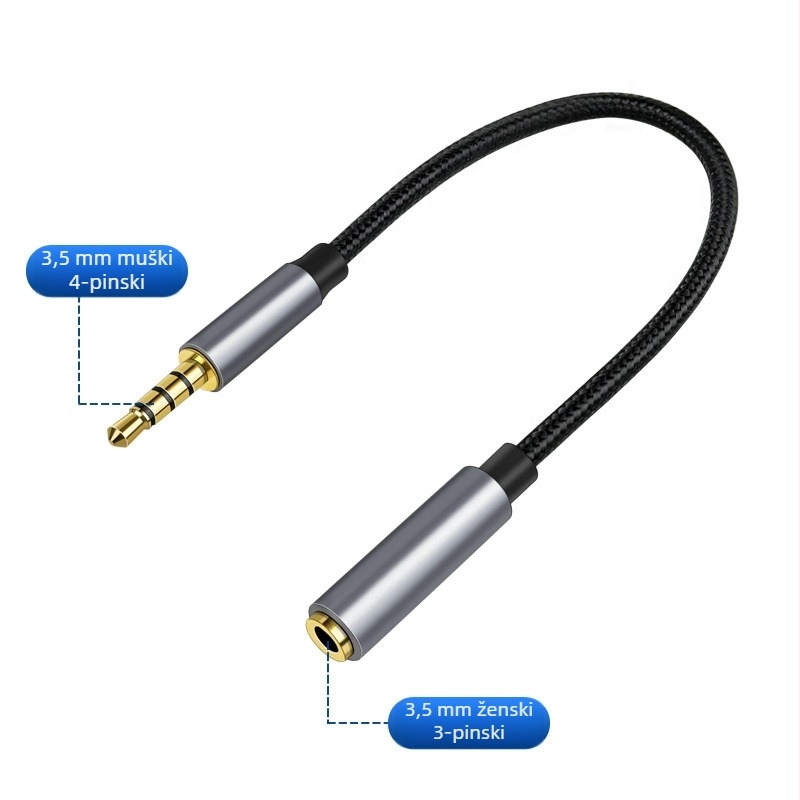 Digital Fox kabel za mikrofon s klipom na ovratnik, 3,5 mm 4-polni na 3-polni, najlonsko jezgro, bakreni vodiči