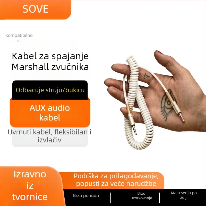 Audio kabel za Marshall zvučnike, dvosmjerni 3,5 mm AUX, opružni kabel, zlatno obloženo bakreno jezgro, Rohs potvrda