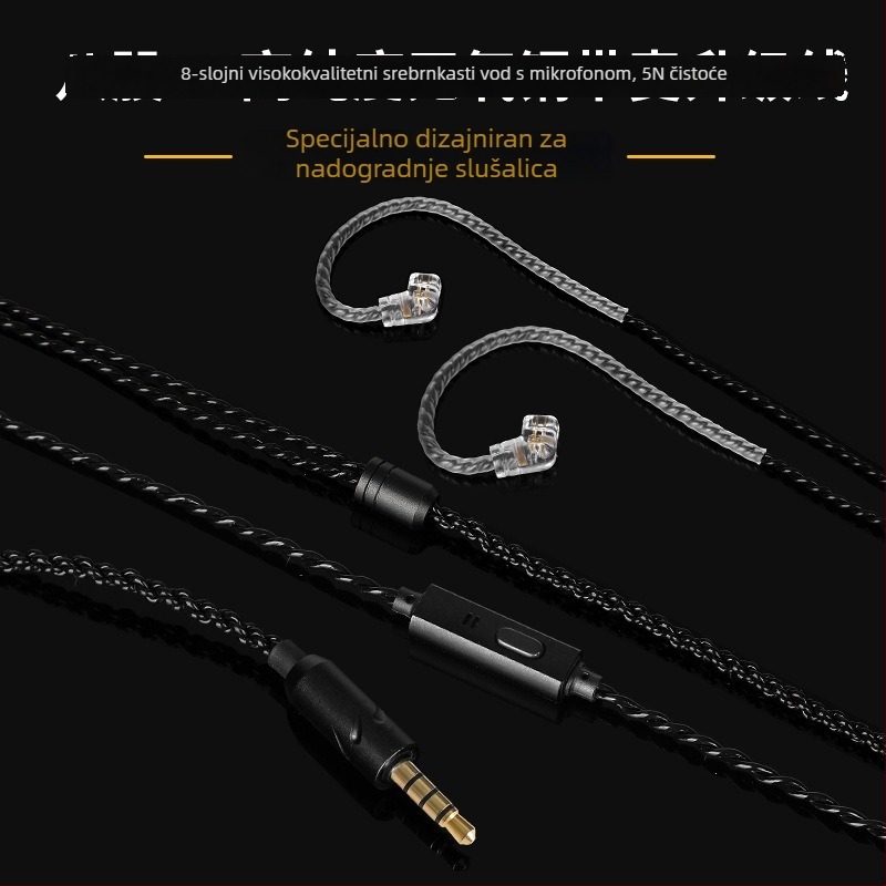 Kabel za slušalice s MMCX dvostrukom-pin konektorom i mikrofonom, duljina 1,2 m, bakrena žica s premazom srebra