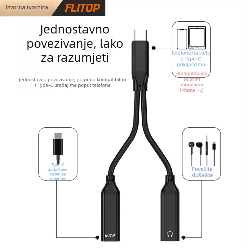 PD60W Dual Type-C Audio Adapter za izlaz 1 na 2 digitalnih slušalica, pozlaćeno, CE certifikat