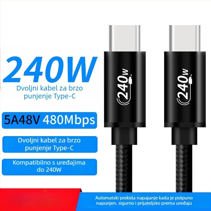 USB-C 240W PD3.1 kabel za brzo punjenje, duljina 1–2 m, materijal aluminijska legura + opletena konstrukcija