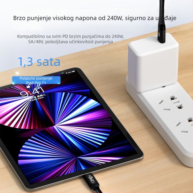 USB-C 240W PD3.1 kabel za brzo punjenje, duljina 1–2 m, materijal aluminijska legura + opletena konstrukcija
