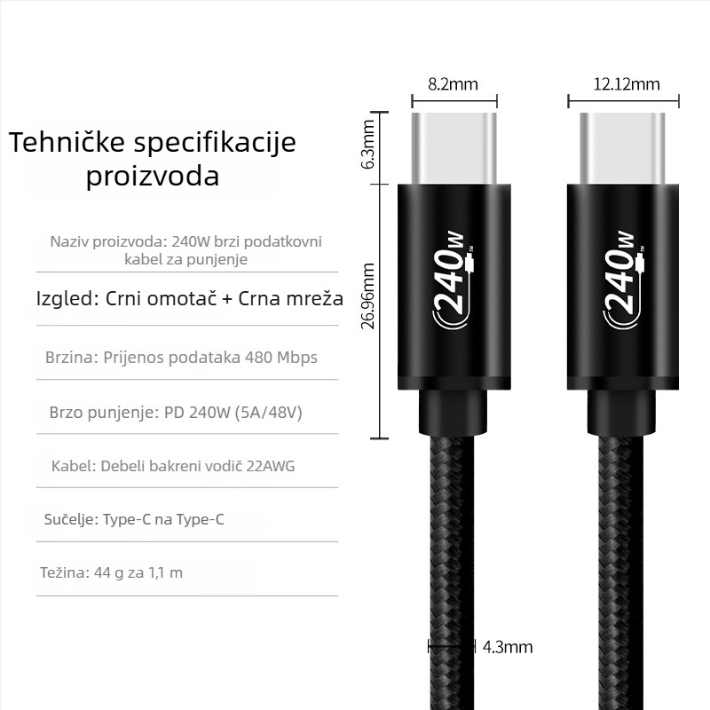 USB-C 240W PD3.1 kabel za brzo punjenje, duljina 1–2 m, materijal aluminijska legura + opletena konstrukcija