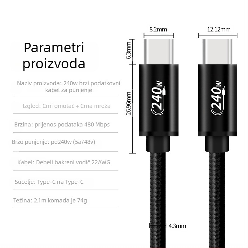 USB-C 240W PD3.1 kabel za brzo punjenje, duljina 1–2 m, materijal aluminijska legura + opletena konstrukcija