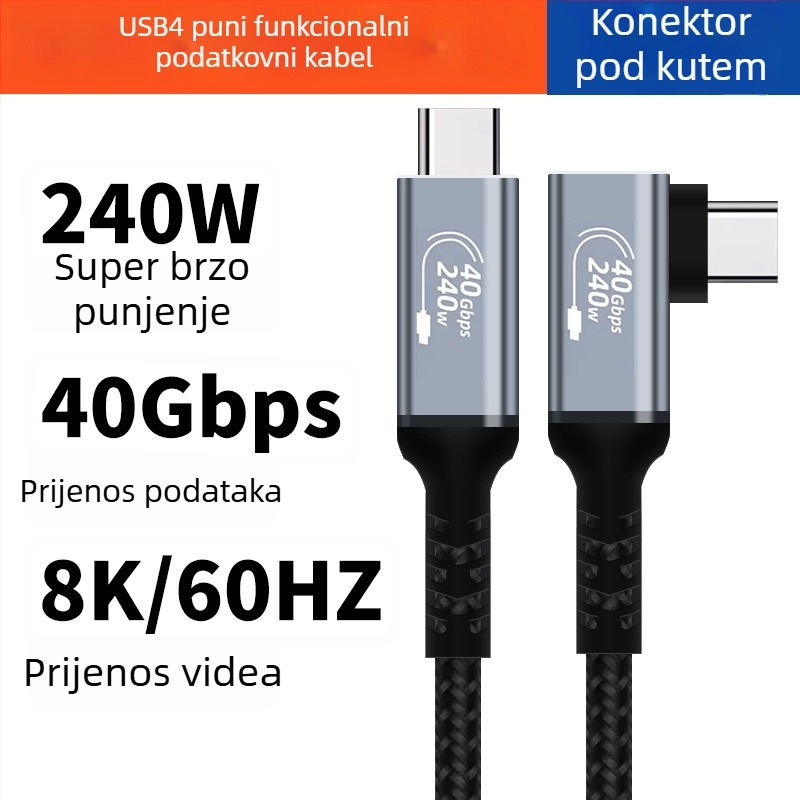 USB4 Type-C kabel za podatke, 240W brzo punjenje, pleteni, puna USB4 funkcionalnost