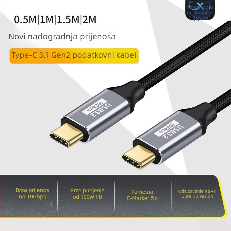 USB-C 3.1 Gen2 kabel, 10Gbps, 100W PD, za PC i TV, HD audio/video, duljina 0,5–2 m