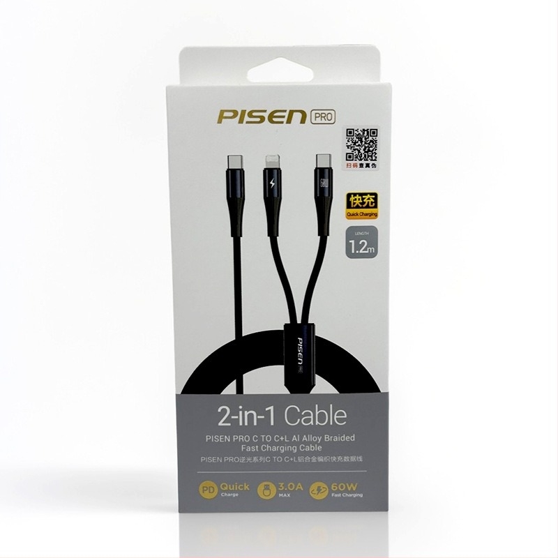Pisen 2-u-1 kabel za podatke s Lightning i Type-C dvostrukim krajem, PD brzo punjenje do 60W, za iPhone 15 i Android uređaje