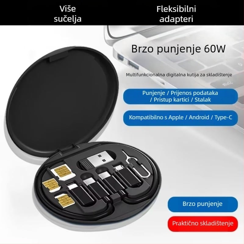 Kutija za pohranu kabela 6-u-1, 60W punjenje i prijenos podataka, višenamjenski adaptor Lightning, USB-C, Micro USB i OTG, 1–5 konektora, TPE materijal