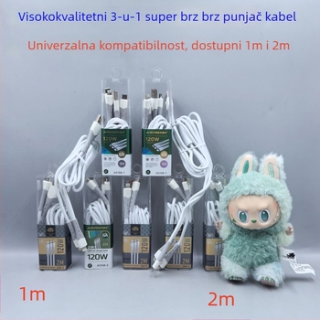 Kabel za punjenje 3-u-1, 120W brzo punjenje, s USB, Lightning, Micro USB i Type-C priključcima; TPE materijal, kompatibilan s Apple i Huawei uređajima.