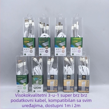 Kabel za punjenje 3-u-1, 120W brzo punjenje, s USB, Lightning, Micro USB i Type-C priključcima; TPE materijal, kompatibilan s Apple i Huawei uređajima.