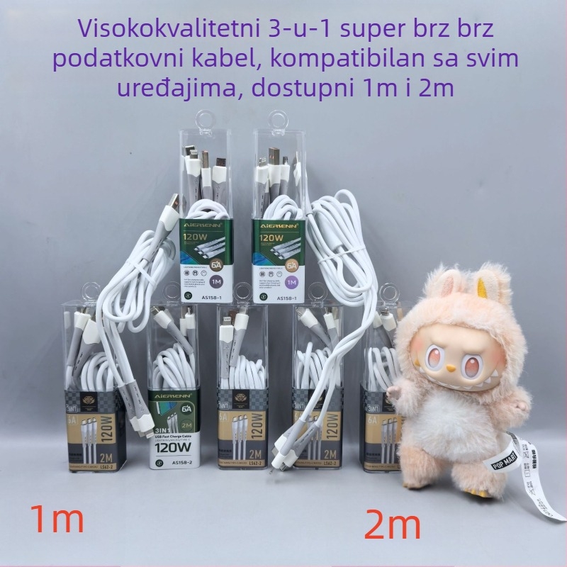 Kabel za punjenje 3-u-1, 120W brzo punjenje, s USB, Lightning, Micro USB i Type-C priključcima; TPE materijal, kompatibilan s Apple i Huawei uređajima.