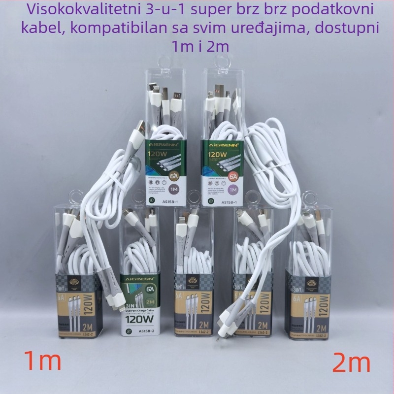 Kabel za punjenje 3-u-1, 120W brzo punjenje, s USB, Lightning, Micro USB i Type-C priključcima; TPE materijal, kompatibilan s Apple i Huawei uređajima.