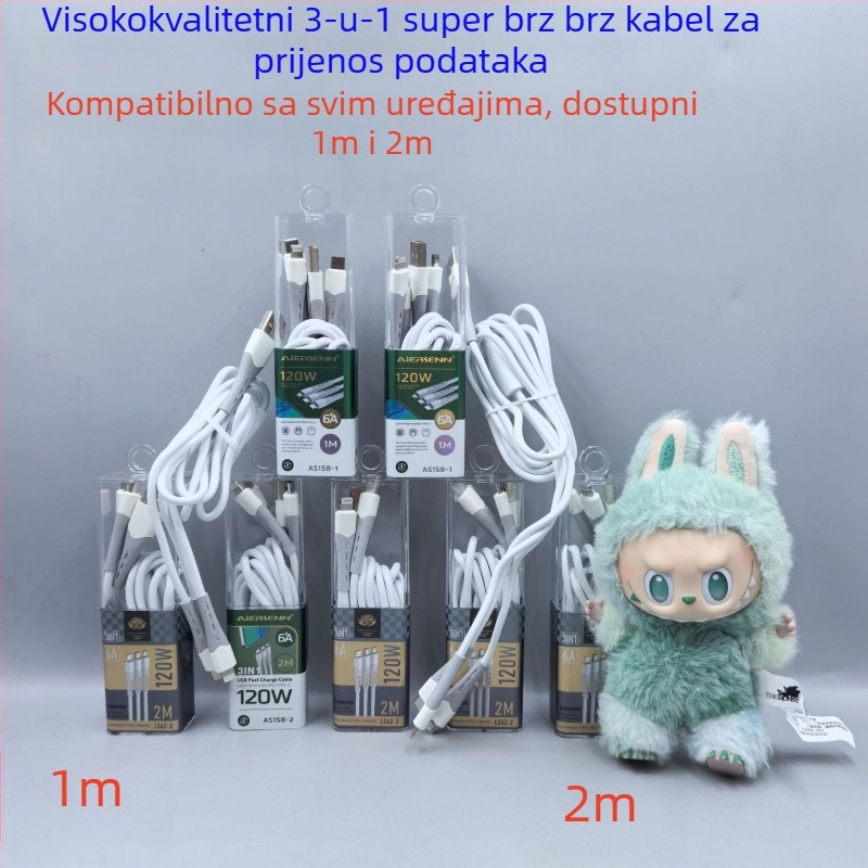 Kabel za punjenje 3-u-1, 120W brzo punjenje, s USB, Lightning, Micro USB i Type-C priključcima; TPE materijal, kompatibilan s Apple i Huawei uređajima.