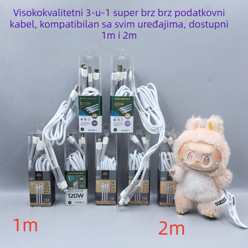 Kabel za punjenje 3-u-1, 120W brzo punjenje, s USB, Lightning, Micro USB i Type-C priključcima; TPE materijal, kompatibilan s Apple i Huawei uređajima.