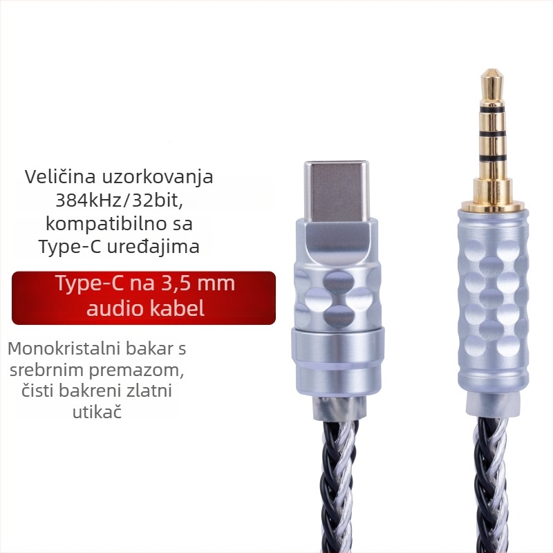 Bartok Tl01 Type-C na 3,5 mm auto AUX audio kabel sa srebrno-pokovanim bakrenim jezgrom, bez kisik bakreni vodic, digitalni DAC dekoder, ROHS certifikat