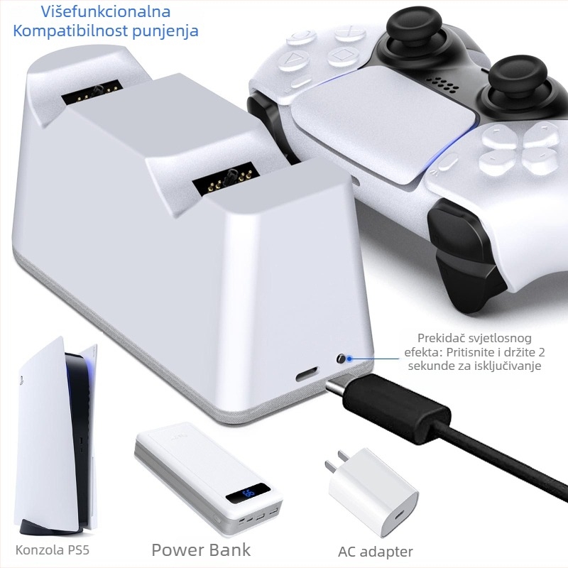 PS5 punjač za kontrolere – dvostruki punjač s RGB osvjetljenjem, ulaz 3A, izlaz 2.5A, Type-C, Model DSP-828
