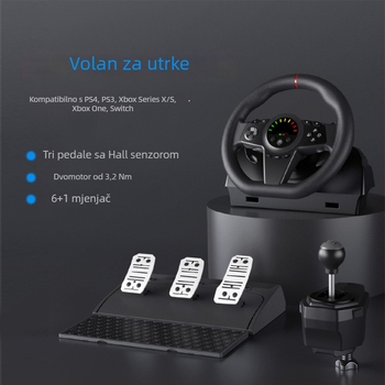 Trkački volan za simulaciju vožnje s tro pedalama, ručnim mjenjačem i LED zaslonom, USB veza; kompatibilan s PC, PS4, Xbox Series X/S, Switch