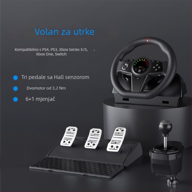 Trkački volan za simulaciju vožnje s tro pedalama, ručnim mjenjačem i LED zaslonom, USB veza; kompatibilan s PC, PS4, Xbox Series X/S, Switch