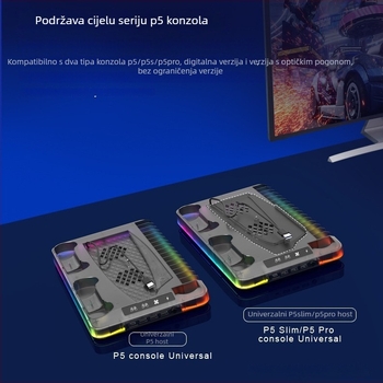 GAMINJA P58 PS5 rashladna podloga s RGB svjetlima, nosač za punjenje kontrolera, pohrana za disk i slušalice, USB sučelje, univerzalno za PS5 Slim/Pro