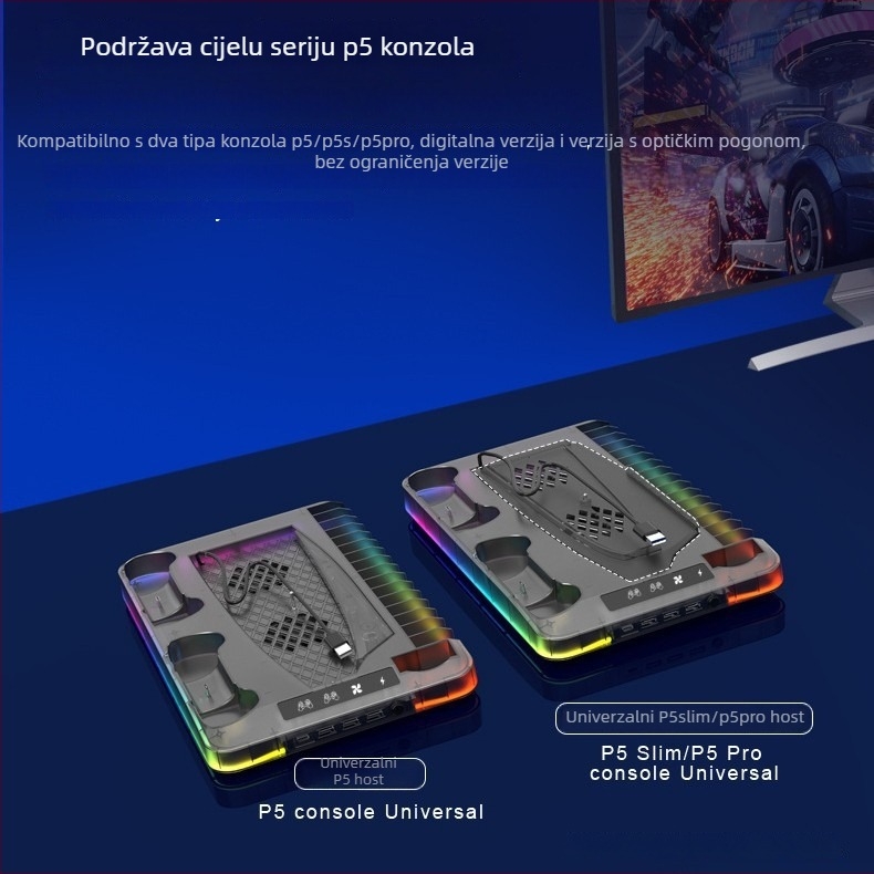 GAMINJA P58 PS5 rashladna podloga s RGB svjetlima, nosač za punjenje kontrolera, pohrana za disk i slušalice, USB sučelje, univerzalno za PS5 Slim/Pro