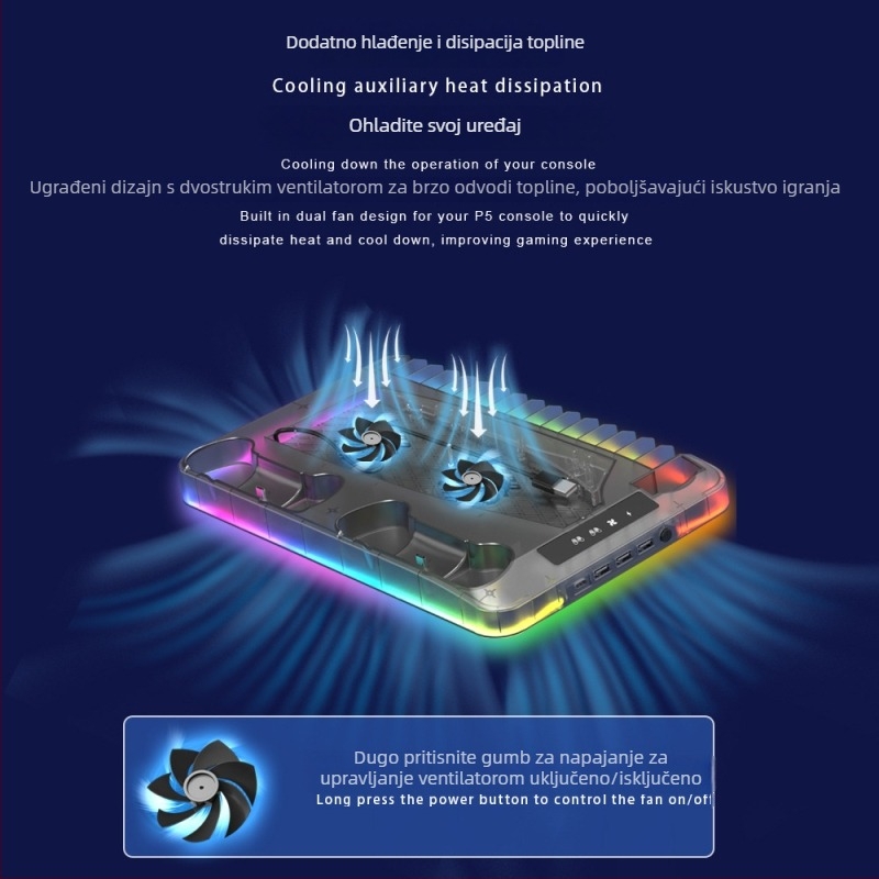 GAMINJA P58 PS5 rashladna podloga s RGB svjetlima, nosač za punjenje kontrolera, pohrana za disk i slušalice, USB sučelje, univerzalno za PS5 Slim/Pro