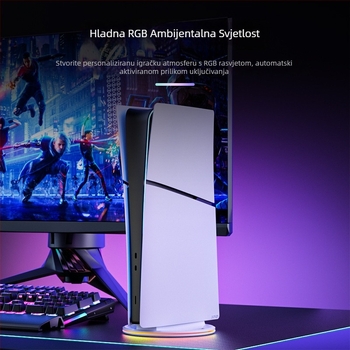 PS5 vertikalni stalak s RGB osvjetljenjem i hlađenjem, ABS, USB kabel u paketu, kompatibilan s PS5, PS5 Slim, PS5 Pro