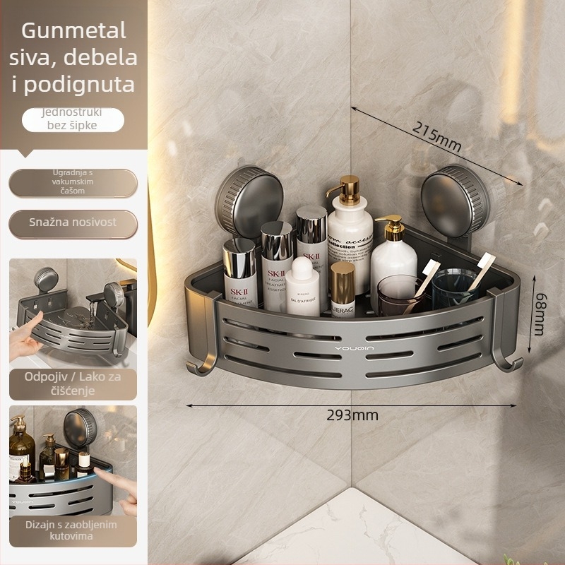 Zidni kutni regal za kupaonicu s vakuumskim pričvršćivanjem, aluminijska legura, završna obrada pečenim premazom, nosivost 5–10 kg, 1 sloj, kut s oblikom ventilatora