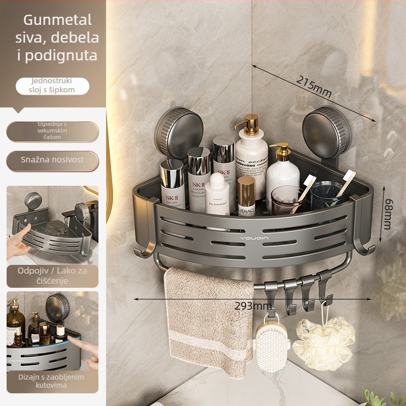 Zidni kutni regal za kupaonicu s vakuumskim pričvršćivanjem, aluminijska legura, završna obrada pečenim premazom, nosivost 5–10 kg, 1 sloj, kut s oblikom ventilatora