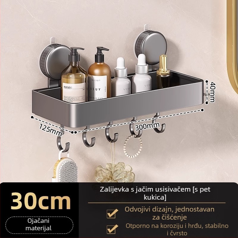 Zidni kutni regal za kupaonicu s vakuumskim pričvršćivanjem, aluminijska legura, završna obrada pečenim premazom, nosivost 5–10 kg, 1 sloj, kut s oblikom ventilatora
