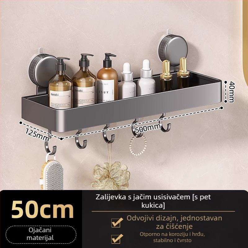 Zidni kutni regal za kupaonicu s vakuumskim pričvršćivanjem, aluminijska legura, završna obrada pečenim premazom, nosivost 5–10 kg, 1 sloj, kut s oblikom ventilatora