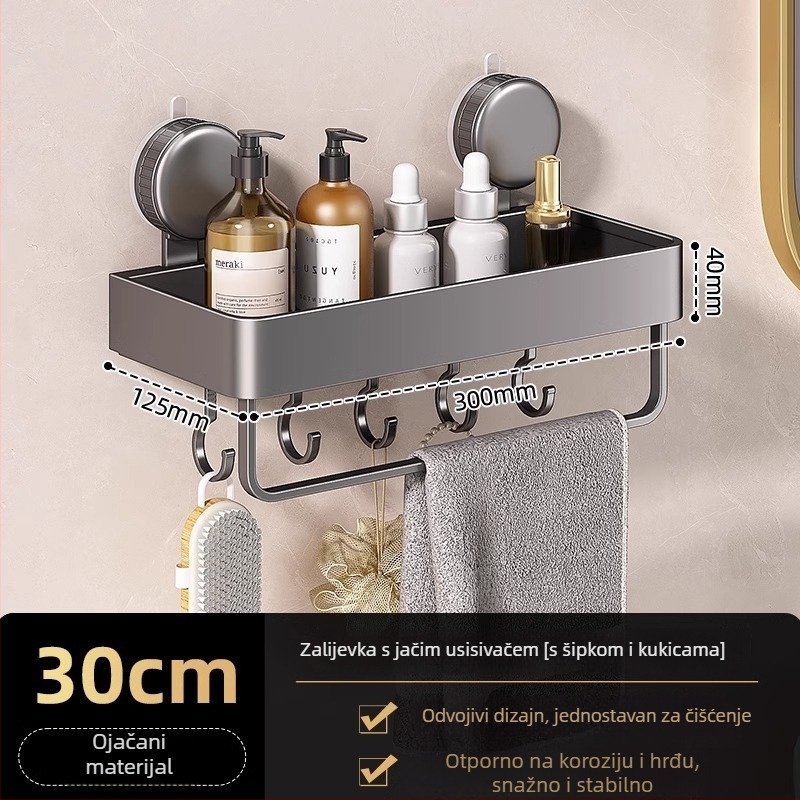 Zidni kutni regal za kupaonicu s vakuumskim pričvršćivanjem, aluminijska legura, završna obrada pečenim premazom, nosivost 5–10 kg, 1 sloj, kut s oblikom ventilatora